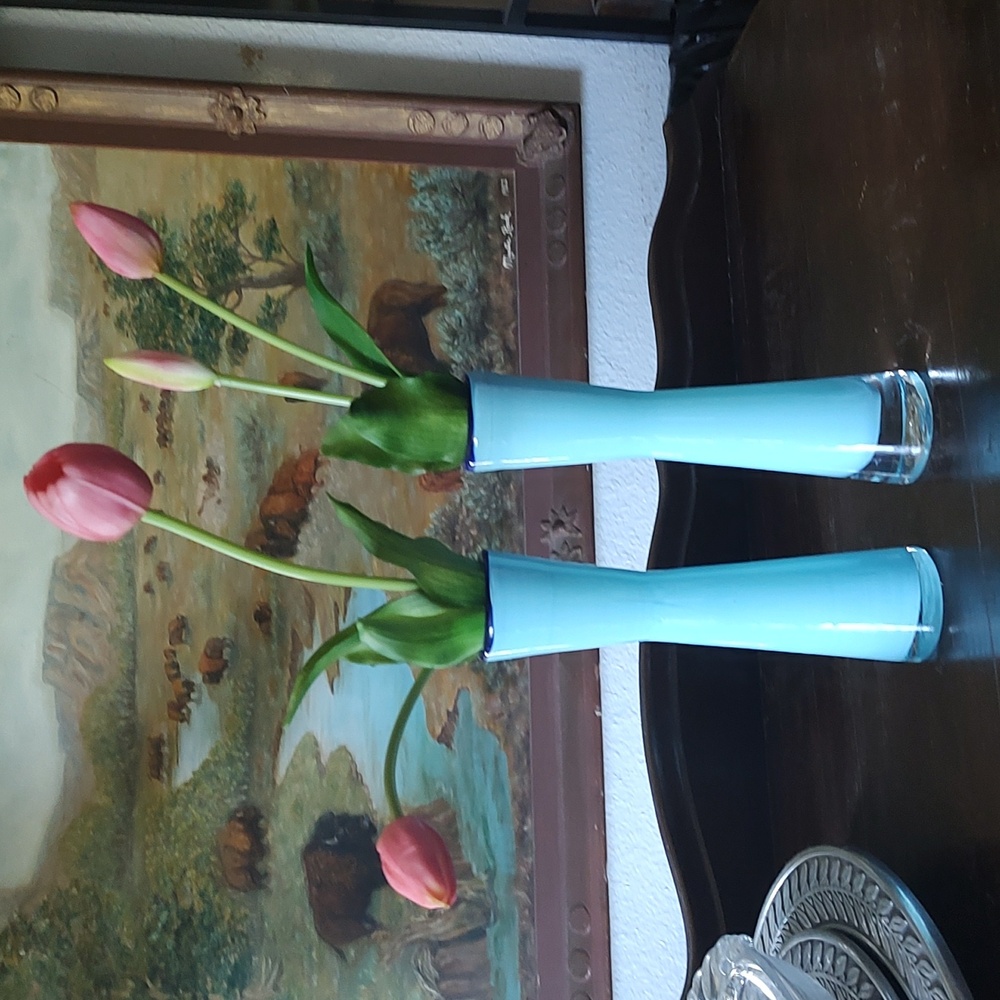 Handblown Scandinavian Cased Glass Blown GlassBud Vase Candle Holders Set 2 Blue